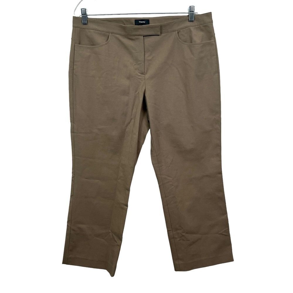Theory Womens Crop Pants Stretch Straight Flat Front Slash Pockets Taupe Sz 12*